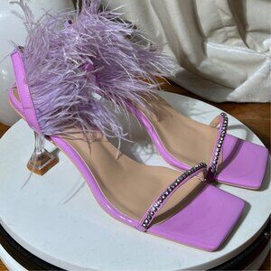Patent Leather Feather High Heel Sandals –‎ Square Toe, Rhinestone Slingback
